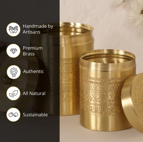 Handcrafted 100% Pure Brass Storage Jars with Traditional Etched Design | Set of 3
