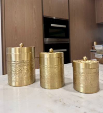 Handcrafted 100% Pure Brass Storage Jars with Traditional Etched Design | Set of 3