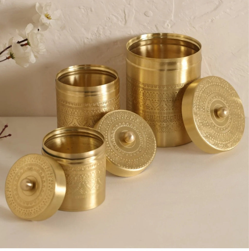 Handcrafted 100% Pure Brass Storage Jars with Traditional Etched Design | Set of 3