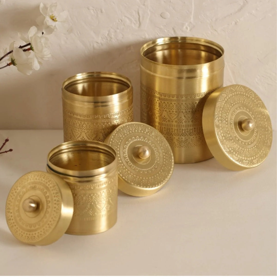 Handcrafted 100% Pure Brass Storage Jars with Traditional Etched Design | Set of 3